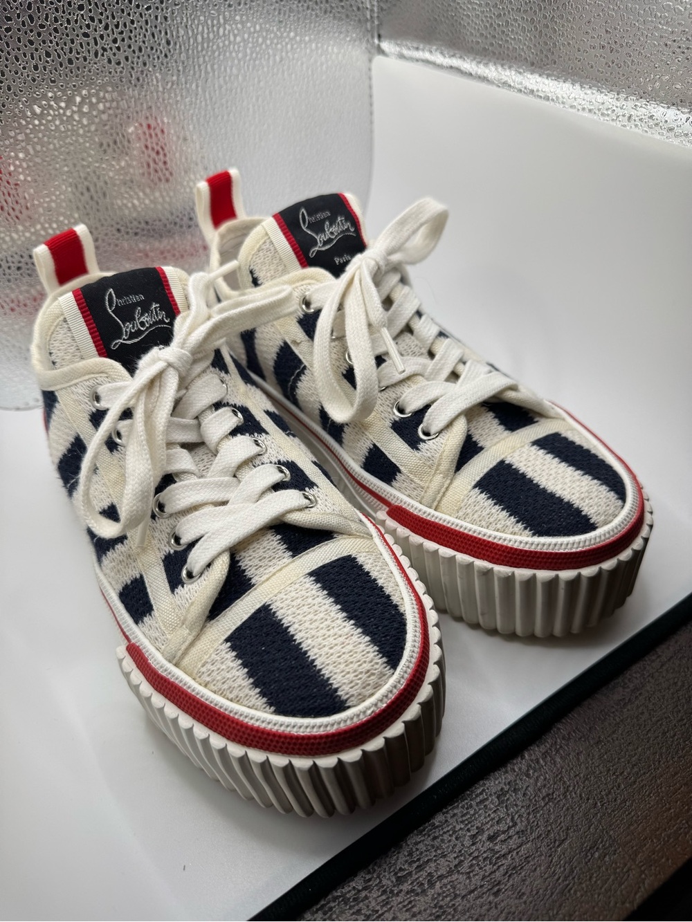 Christian Louboutin Navy & White Striped Low-Top Sneakers with Red Trim - Picture 2 of 15
